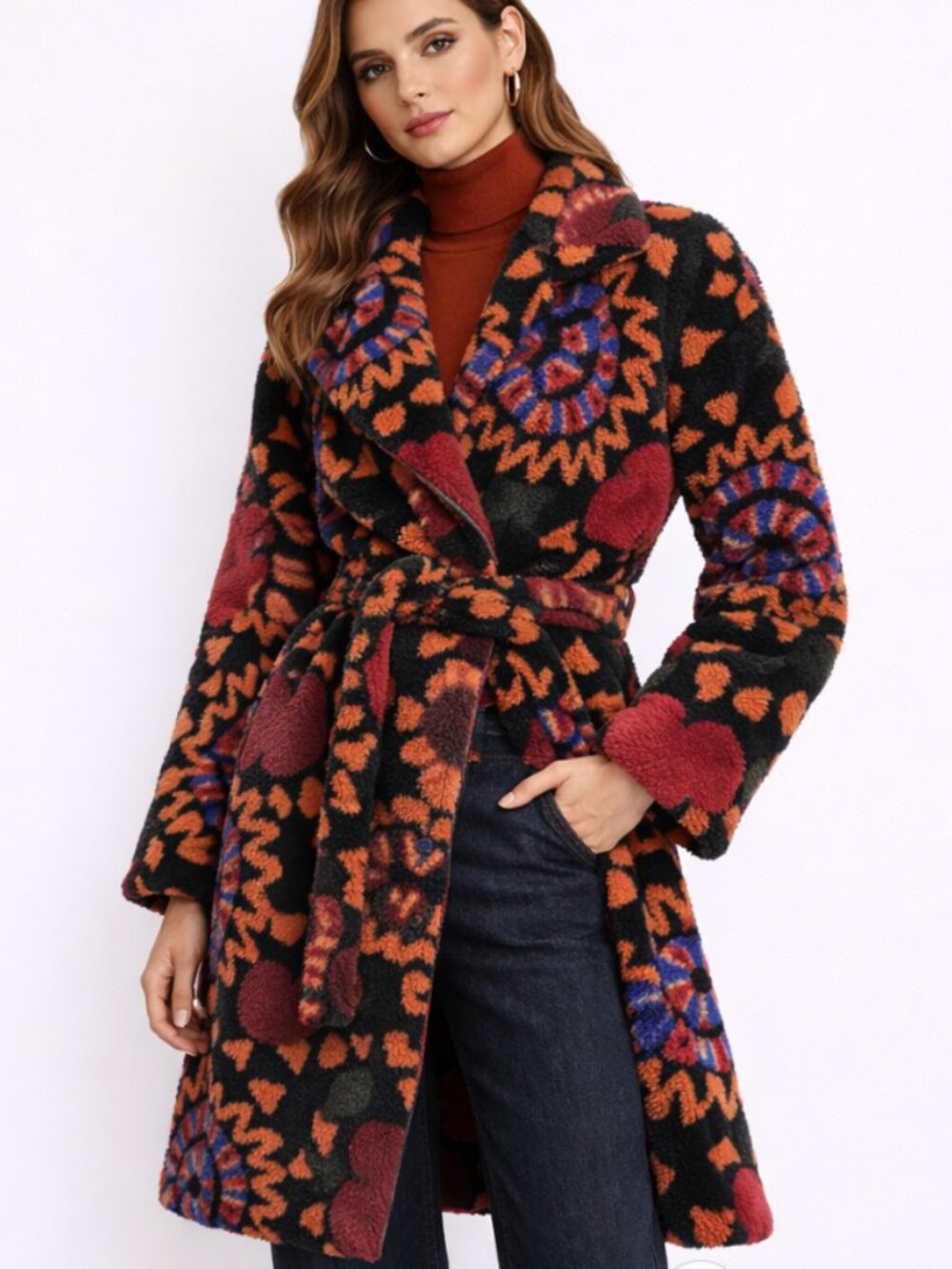 Farm Rio Jungle Snake Fruit Belted Fleece Coat Wrap Jacket Textured Boho - Picture 1 of 11